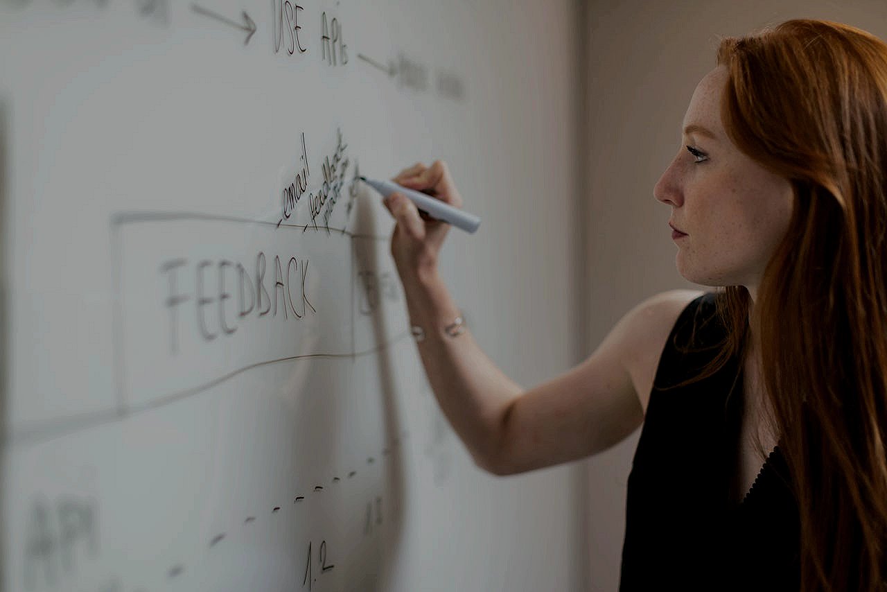 Frau schreibt KI-Strategien auf ein Whiteboard