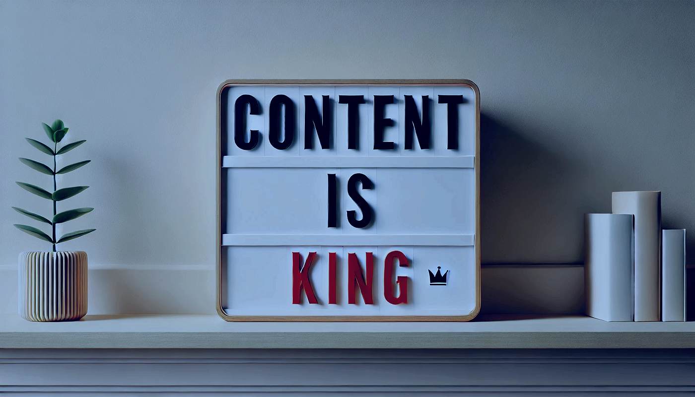 Leuchttafel mit der Aufschrift ‘Content is King’ auf einem Regal