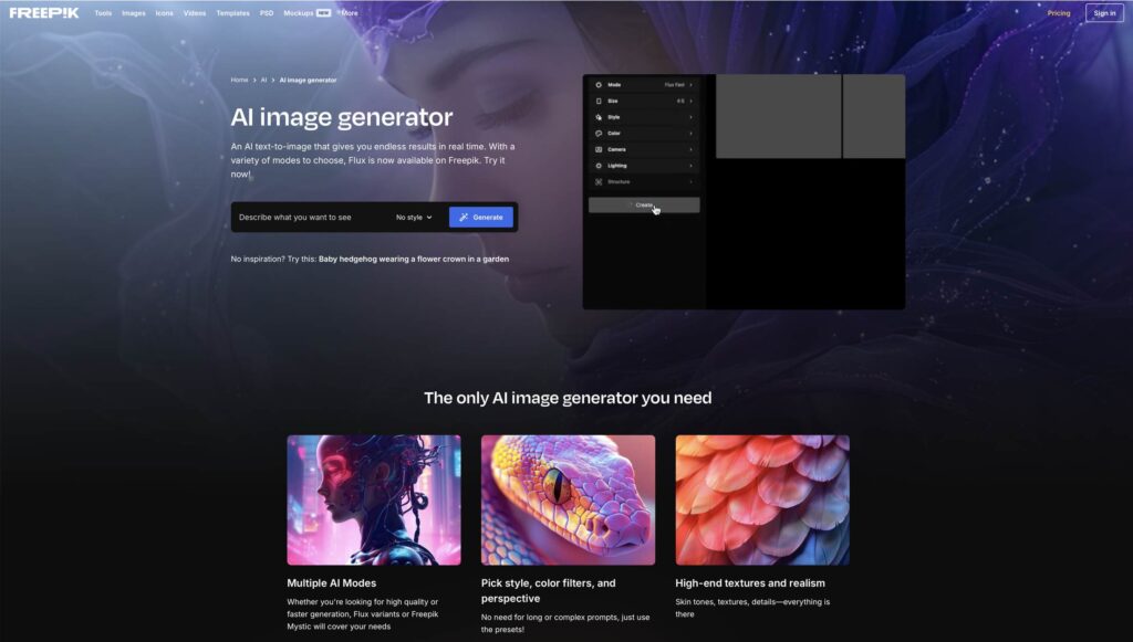 Benutzeroberfläche des Freepik AI Image Generators zur Erstellung und Nutzung von KI-generierten Bildern.