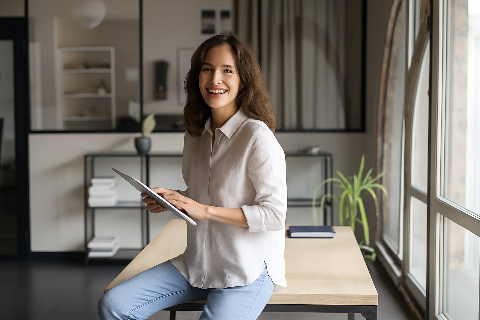 Frau sitzt mit Tablet an einem Schreibtisch in einem modernen Büro und nutzt digitale Tools – Symbol für Künstliche Intelligenz und Innovation im Mittelstand.