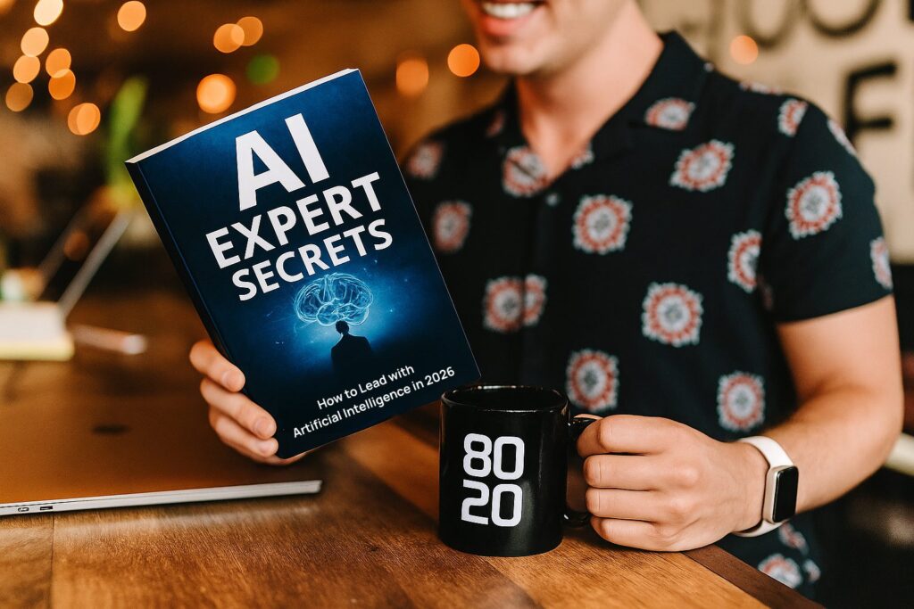 Person liest das Buch „AI Expert Secrets – How to Lead with Artificial Intelligence in 2026“ und trinkt Kaffee, Symbol für Wissen und Innovation im Mittelstand.