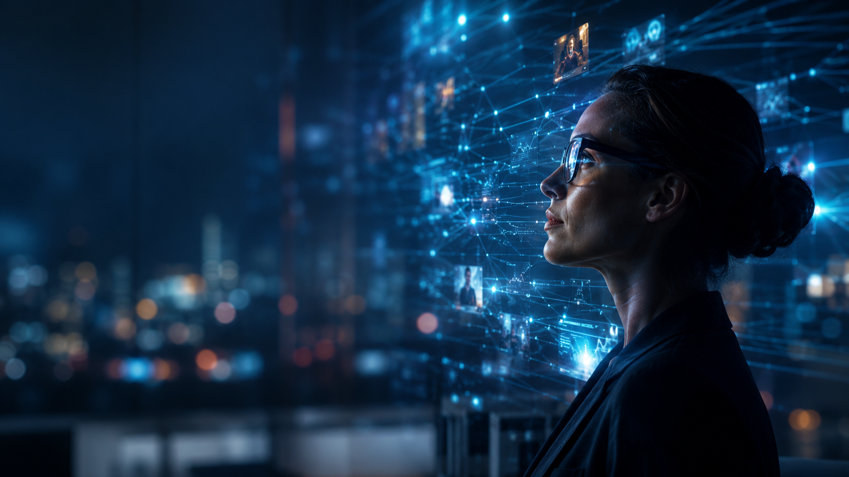 Futuristische Darstellung des unsichtbaren Internets mit KI-gesteuerten Datenströmen, digitaler Vernetzung und einer Person im Profil vor holografischen Interfaces und intelligenten Systemen.